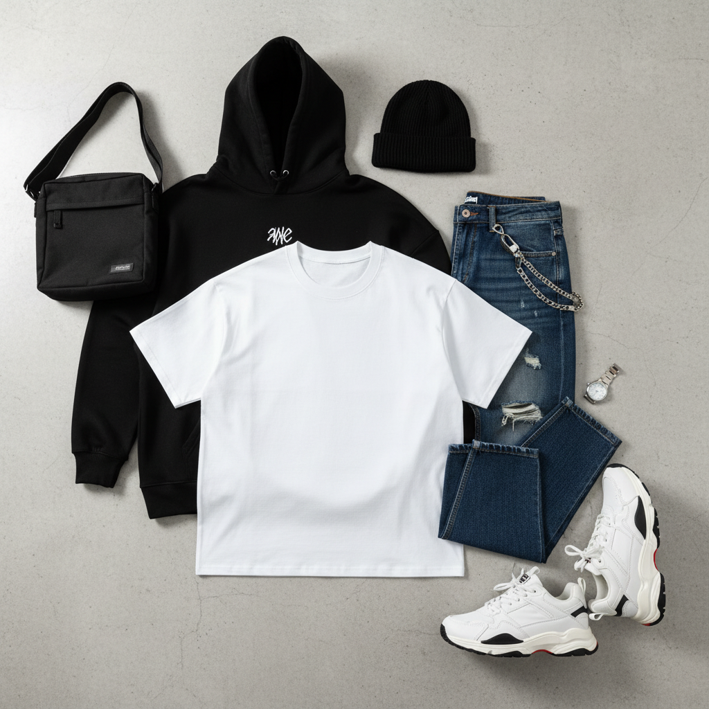 Urban Fashion & Streetwear | Craftklart white cotton t-shirt styled with a black hoodie, jeans, and sneakers.