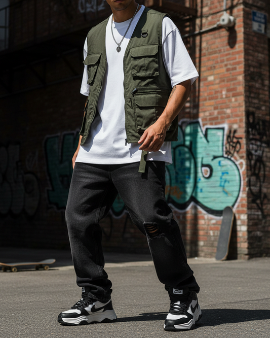 Urban Fashion & Streetwear | Craftklart white cotton t-shirt worn under an olive green utility vest and black jeans