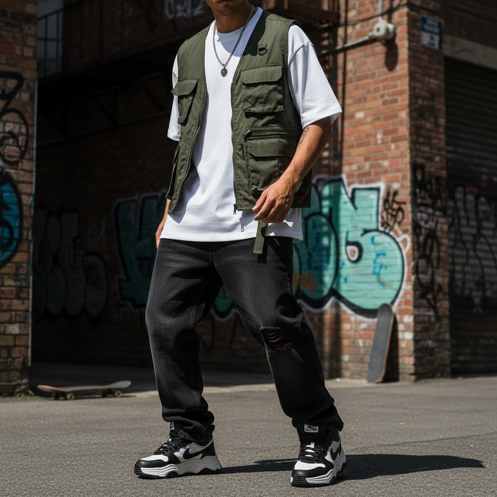 Urban Fashion & Streetwear | Craftklart white cotton t-shirt worn under an olive green utility vest and black jeans