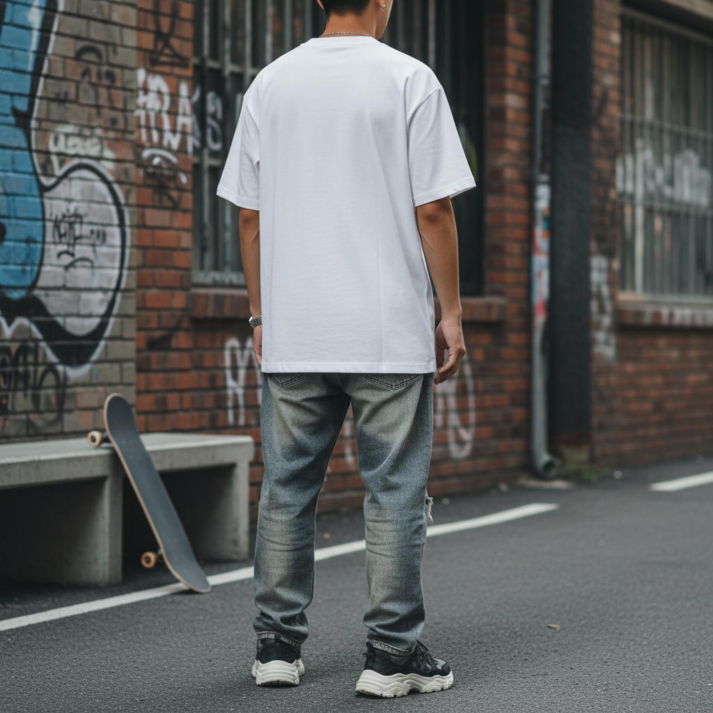 A person wearing a plain white Urban Fashion & Streetwear | Craftklart cotton t-shirt, back view, in an urban setting.