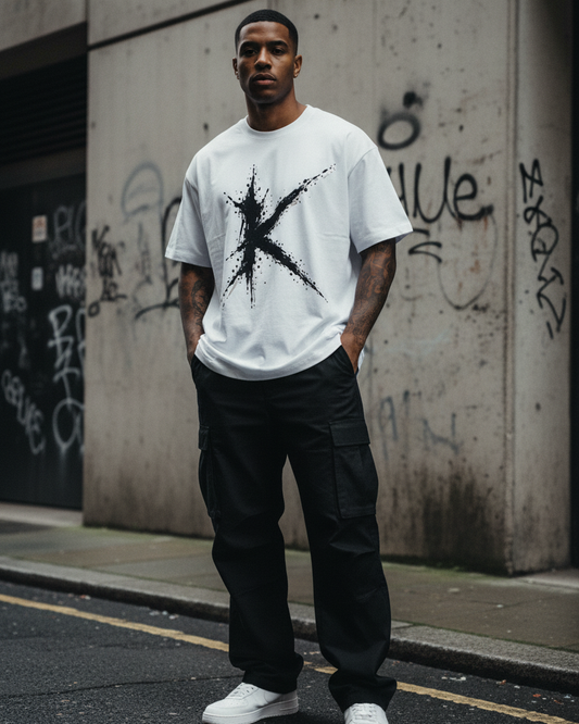 Urban Fashion & Streetwear | Craftklart heavyweight white cotton t-shirt with a black ink-splatter K graphic design.
