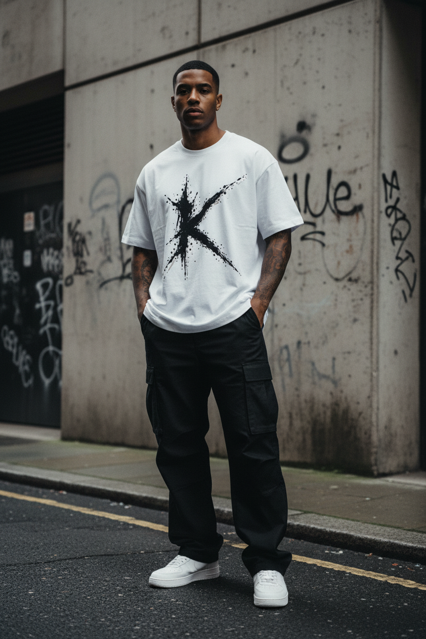 Urban Fashion & Streetwear | Craftklart heavyweight white cotton t-shirt with a black ink-splatter K graphic design.