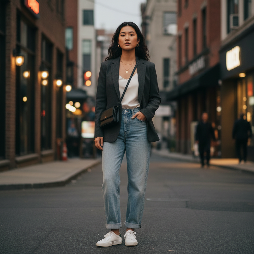 Urban Fashion & Streetwear | Craftklart woman wearing a white crop shirt, grey blazer, and jeans on a city street.