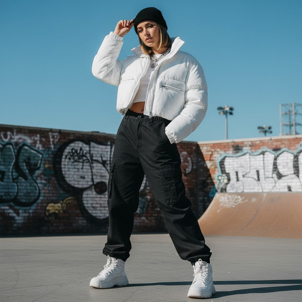 Woman wearing an Urban Fashion & Streetwear | Craftklart white cropped puffer jacket with a stand-up collar.