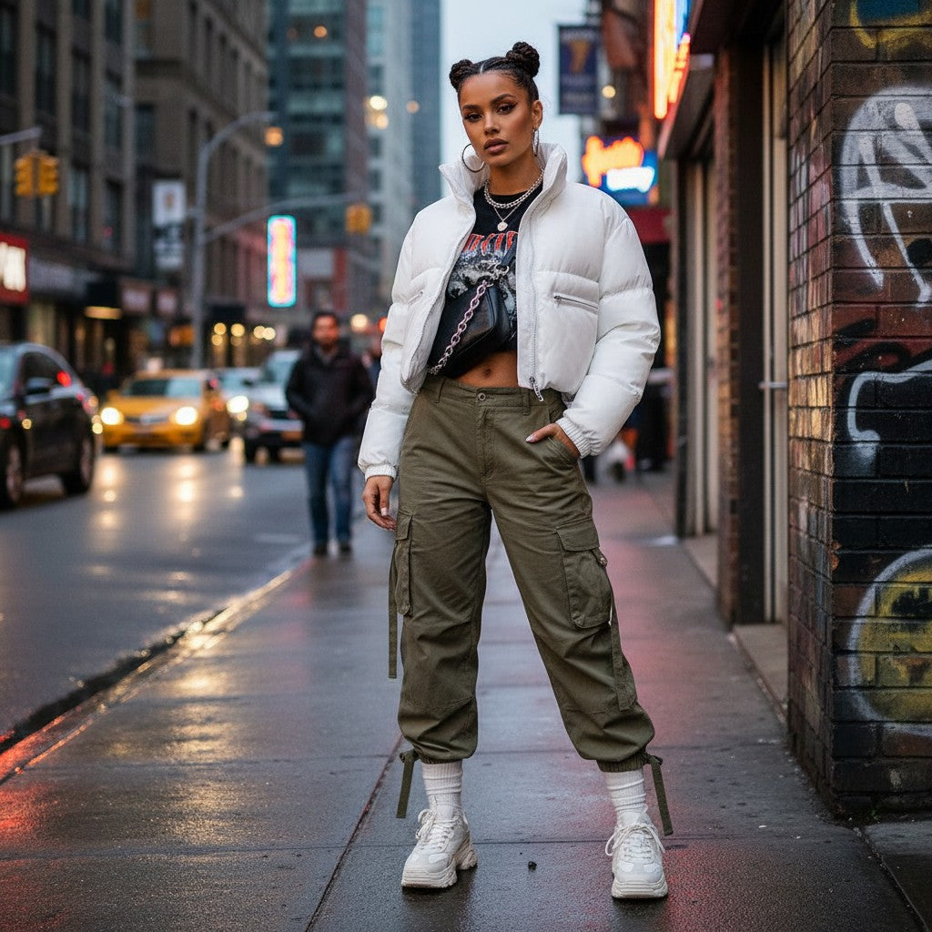 Urban Fashion & Streetwear | Craftklart white cropped puffer jacket with stand-up collar worn on a city street.