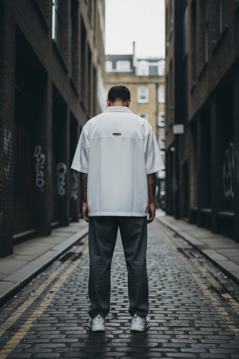 Back view of a white 100% cotton Cuban collar t-shirt from Urban Fashion & Streetwear | Craftklart with UNSEEN logo