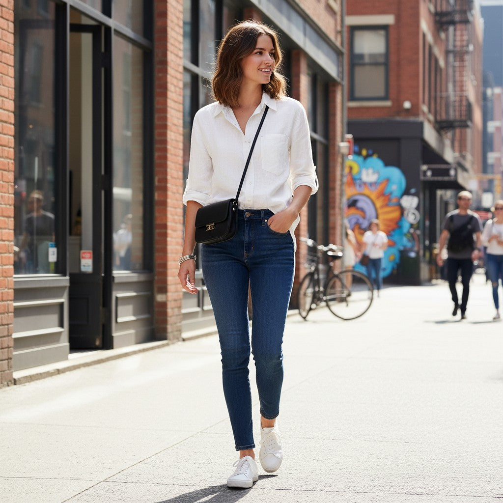 Urban Fashion & Streetwear | Craftklart minimalist white long sleeve button-down shirt worn by a woman in the city