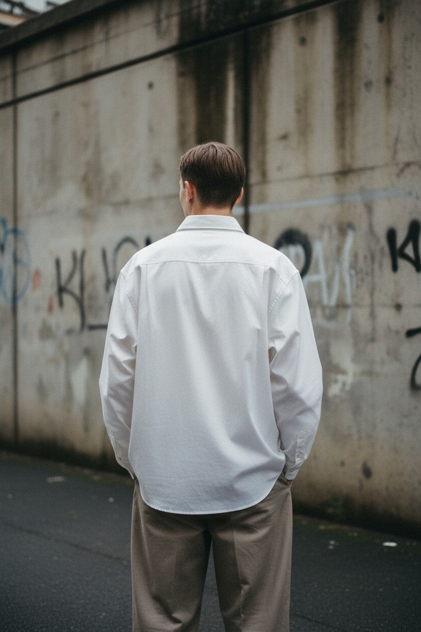 A man wearing a white Urban Fashion & Streetwear | Craftklart oversized cotton blend shirt with a flip collar