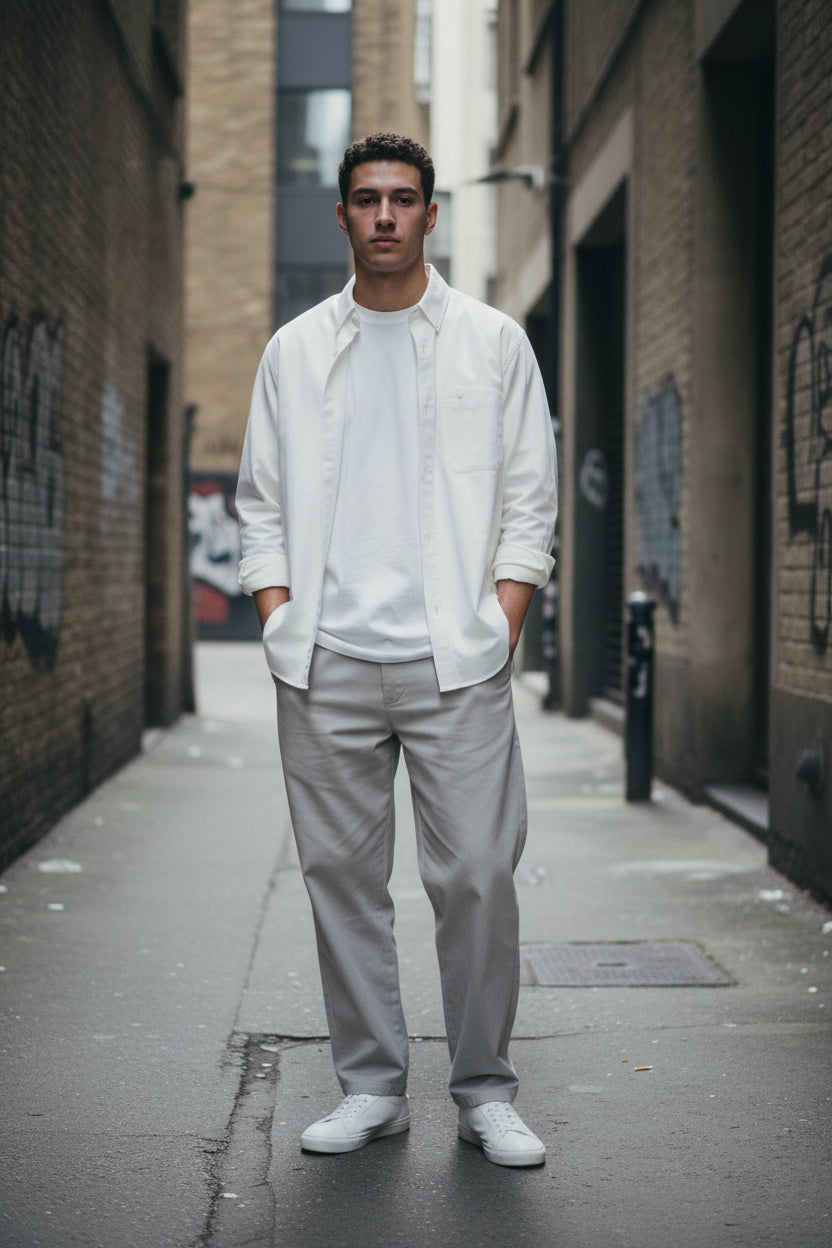 Urban Fashion & Streetwear | Craftklart white oversized flip collar shirt worn open over a tee in an urban alleyway