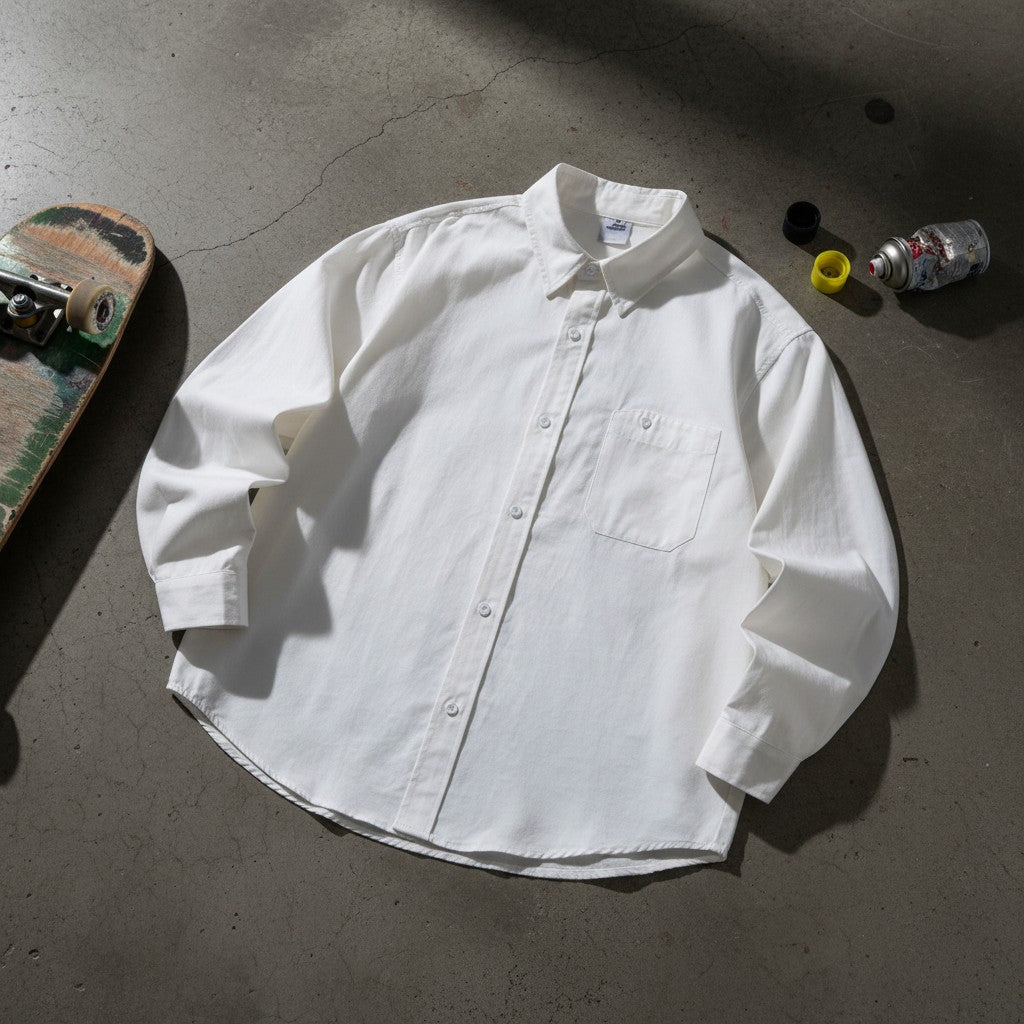 Urban Fashion & Streetwear | Craftklart white oversized cotton blend long sleeve shirt with a chest pocket