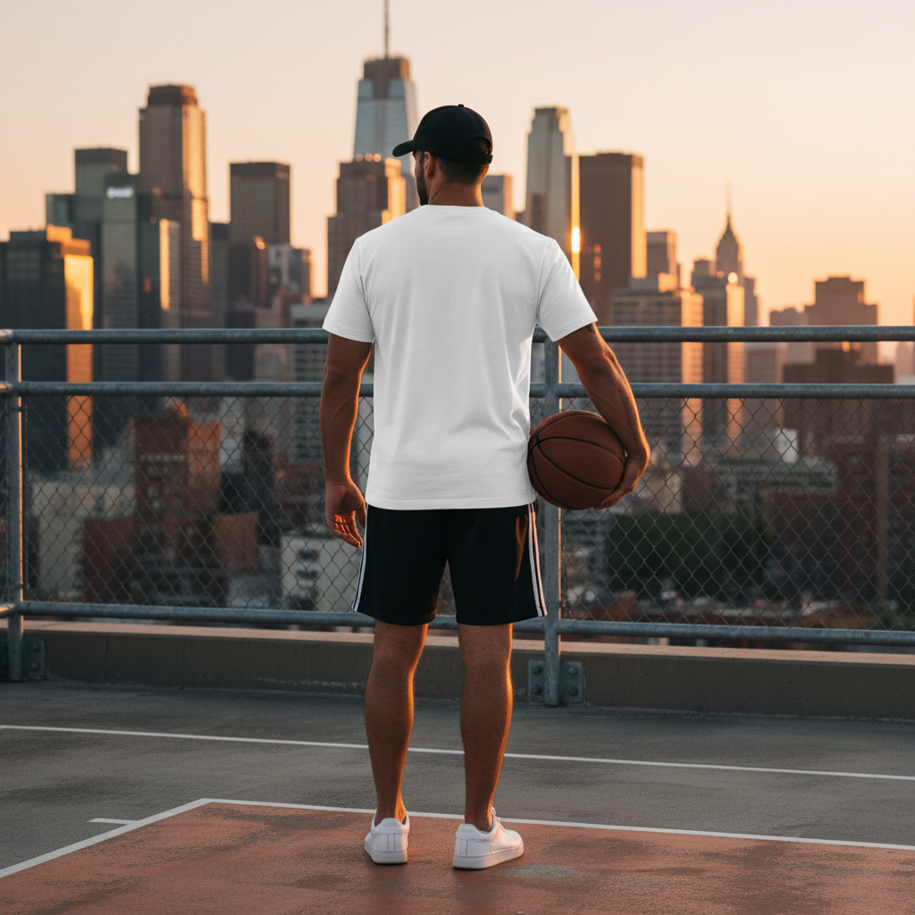 Urban Fashion & Streetwear | Craftklart men's white raglan training t-shirt with reflective details on a city rooftop