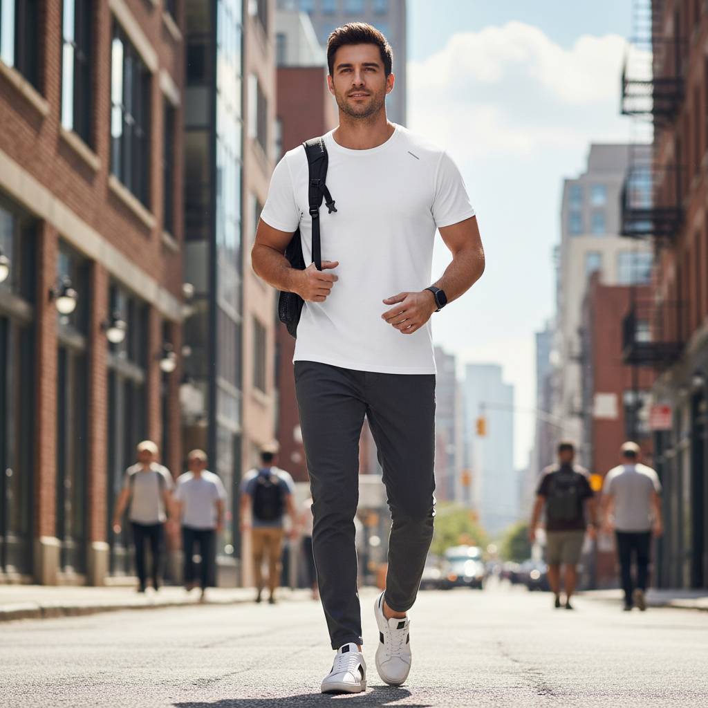 A man wearing a white Urban Fashion & Streetwear | Craftklart raglan training T-shirt with reflective tape detail.