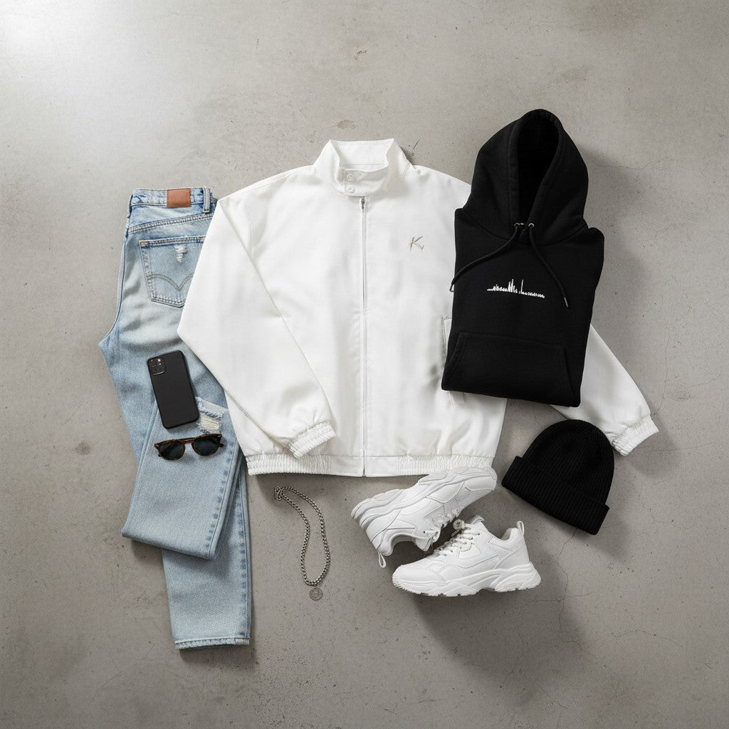 Urban Fashion & Streetwear | Craftklart white full zip jacket styled with black hoodie, jeans, and white sneakers.