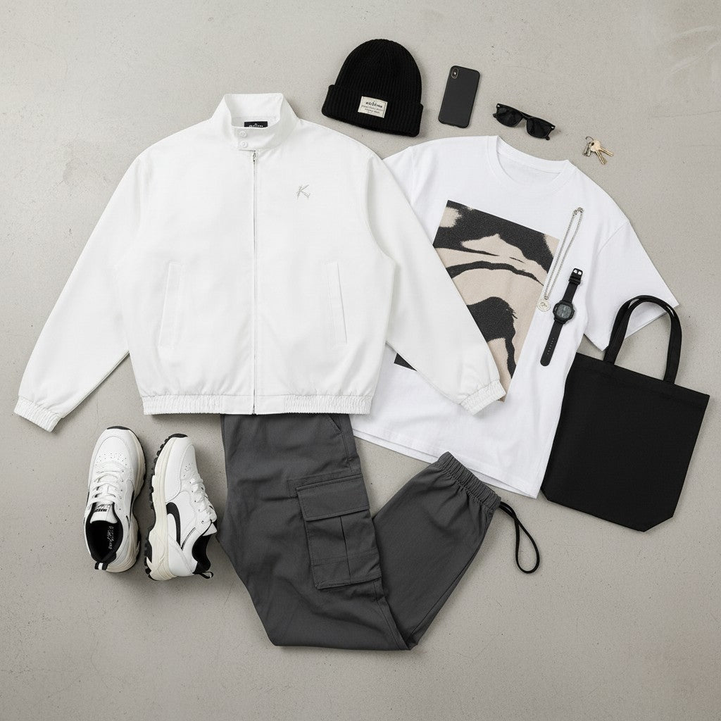Urban Fashion & Streetwear | Craftklart white full zip jacket styled with graphic tee, cargo pants, and accessories.