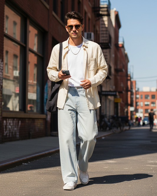 A man wearing Urban Fashion & Streetwear | Craftklart wide leg denim jeans with a vintage wash, walking on a city street.