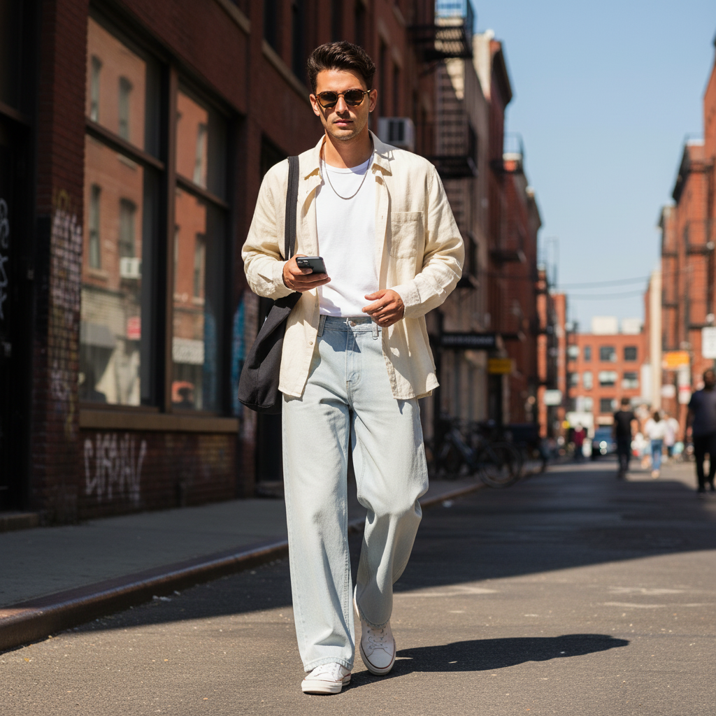 A man wearing Urban Fashion & Streetwear | Craftklart wide leg denim jeans with a vintage wash, walking on a city street.