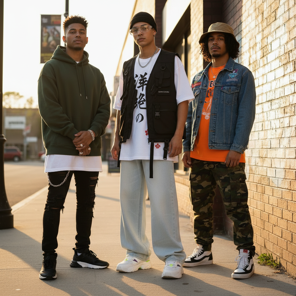 Three men in Urban Fashion & Streetwear | Craftklart apparel, including wide leg denim jeans, on a city sidewalk.