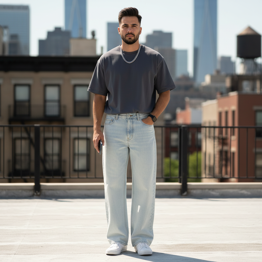 A man wearing Urban Fashion & Streetwear | Craftklart wide leg denim jeans with a vintage wash on a city rooftop.
