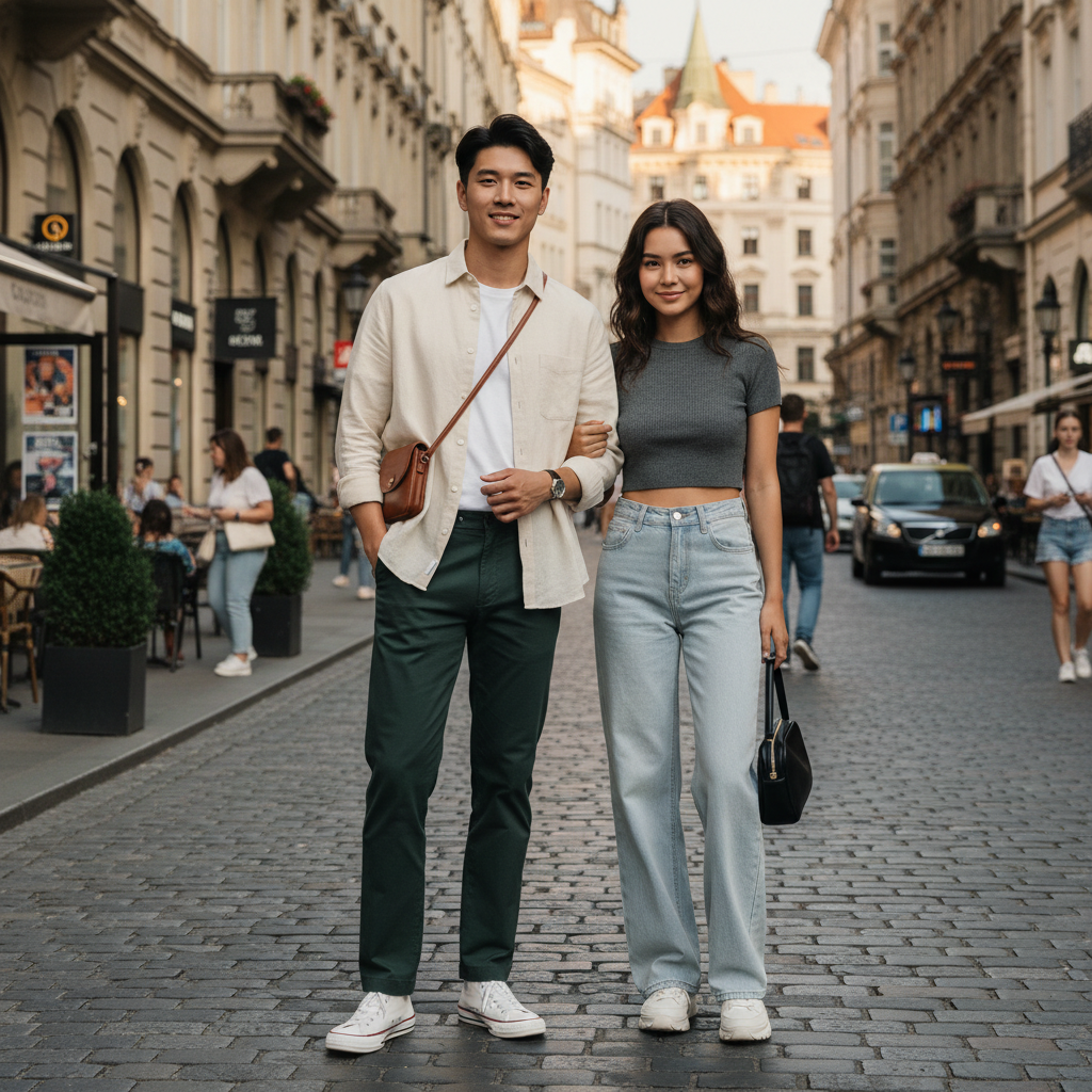 Urban Fashion & Streetwear | Craftklart wide leg denim jeans worn by a woman on a cobblestone city street.
