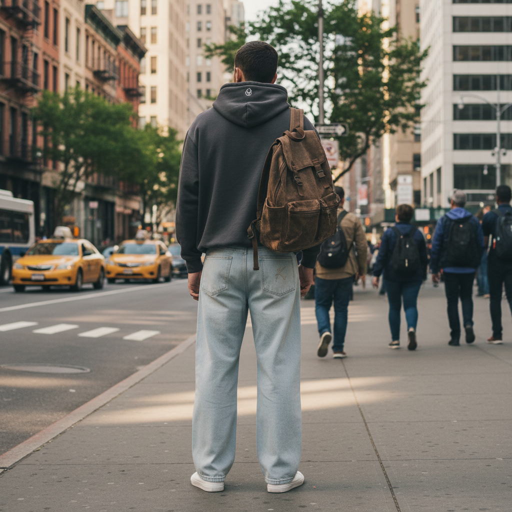 Urban Fashion & Streetwear | Craftklart men's wide leg denim jeans with a vintage wash, worn on a city street.