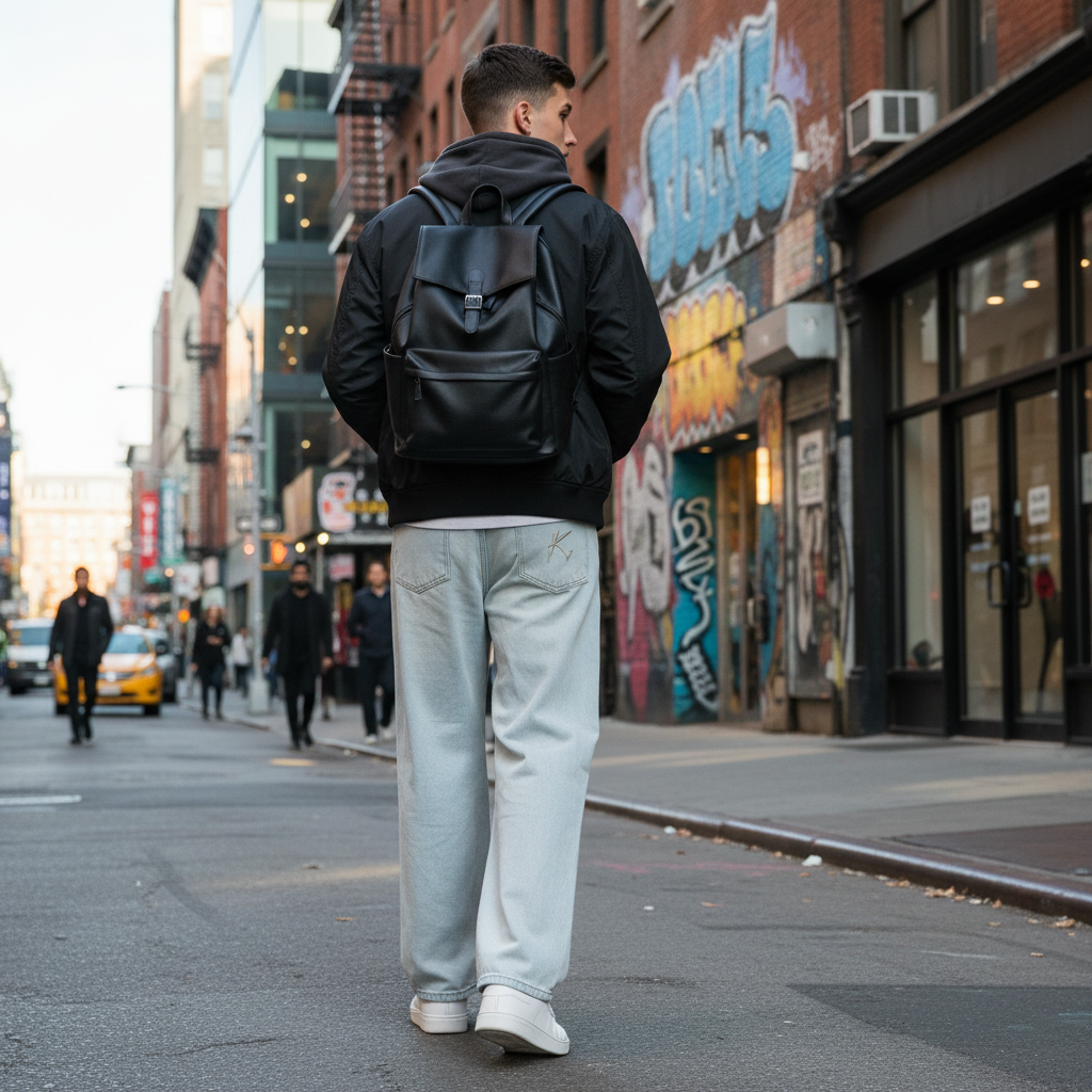 Urban Fashion & Streetwear | Craftklart men's wide leg denim jeans with a vintage wash, worn in a city street setting.