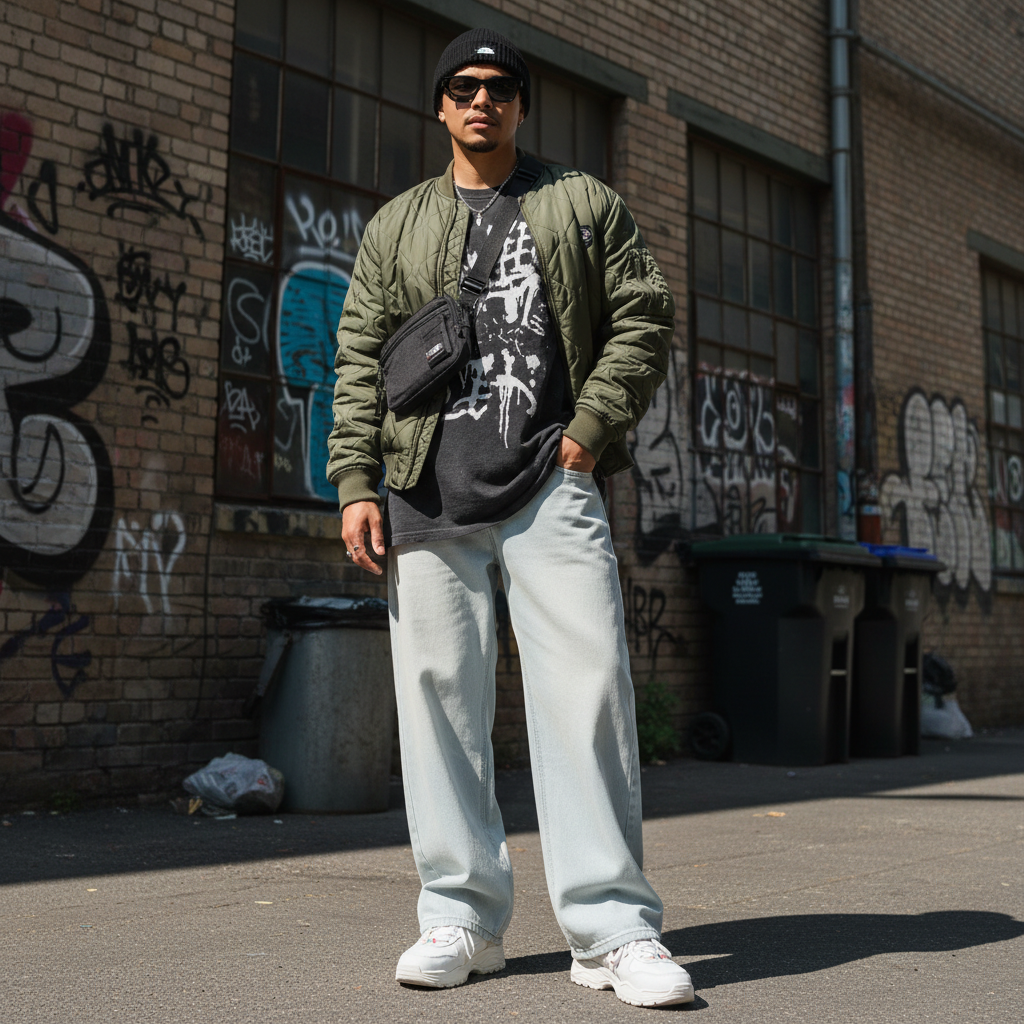Model wearing Urban Fashion & Streetwear | Craftklart wide leg denim jeans with a vintage wash in an urban setting