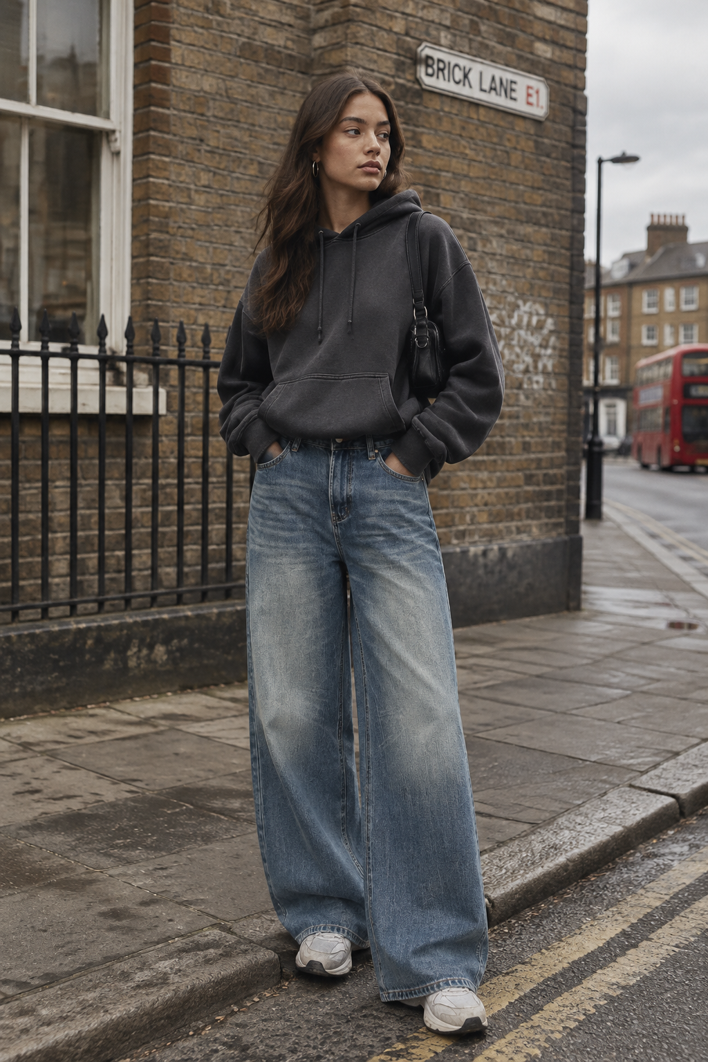 ODMPOD Daybreak Wide Leg Jeans showing urban streetwear style with a relaxed fit, light blue denim, and wide-leg cut.