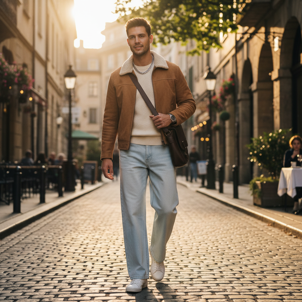 A man wearing Urban Fashion & Streetwear | Craftklart wide leg denim jeans with a vintage wash on a cobblestone street.