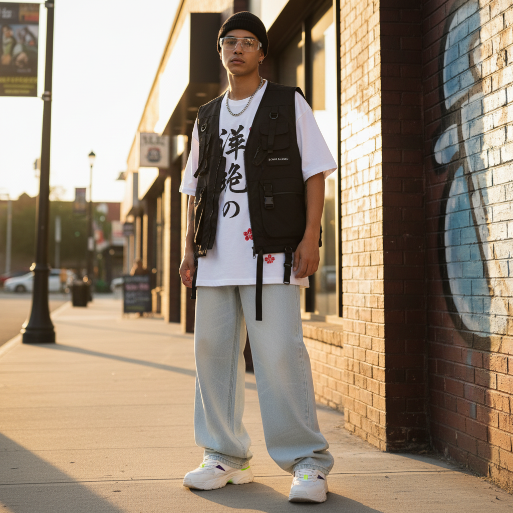 Model wearing Urban Fashion & Streetwear | Craftklart wide leg denim jeans with a vintage wash on a city sidewalk.