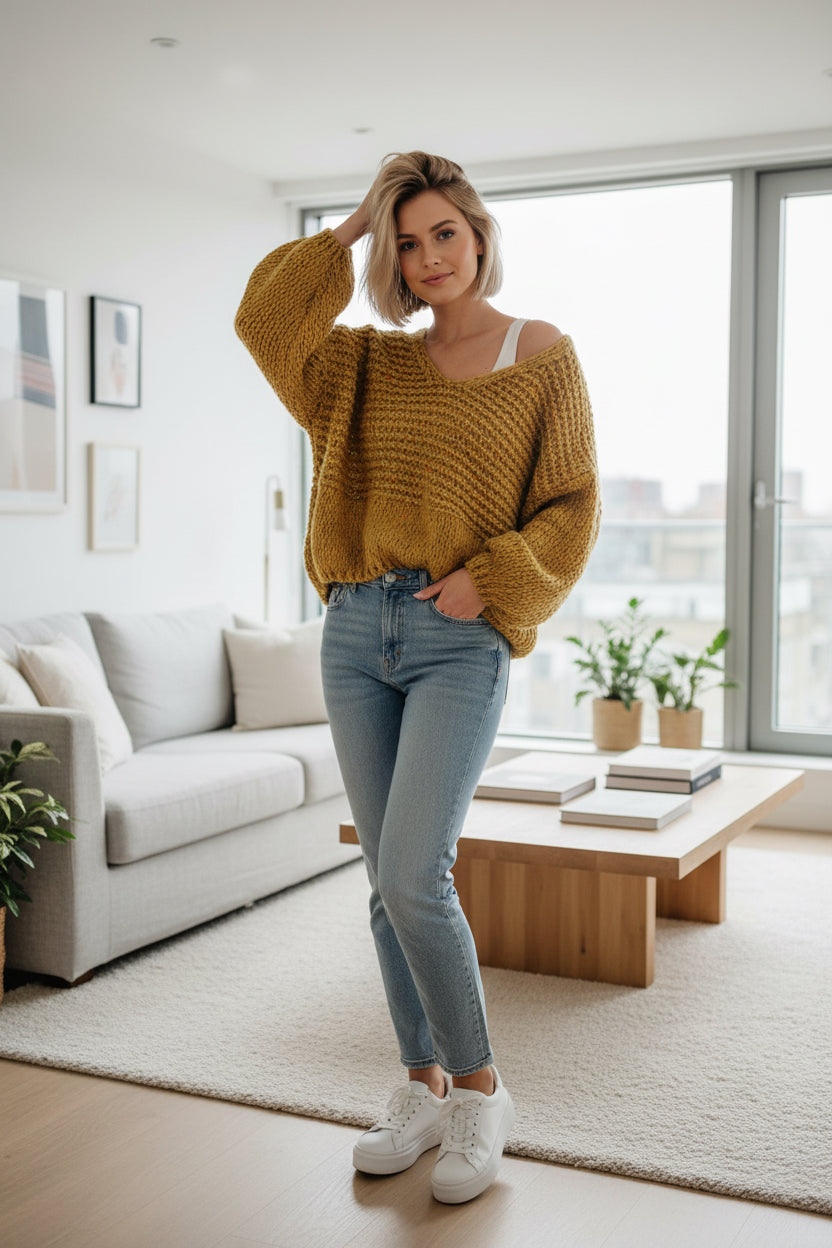 Woman wearing an oversized yellow chunky knit boxy crop sweater from Urban Fashion & Streetwear | Craftklart with jeans
