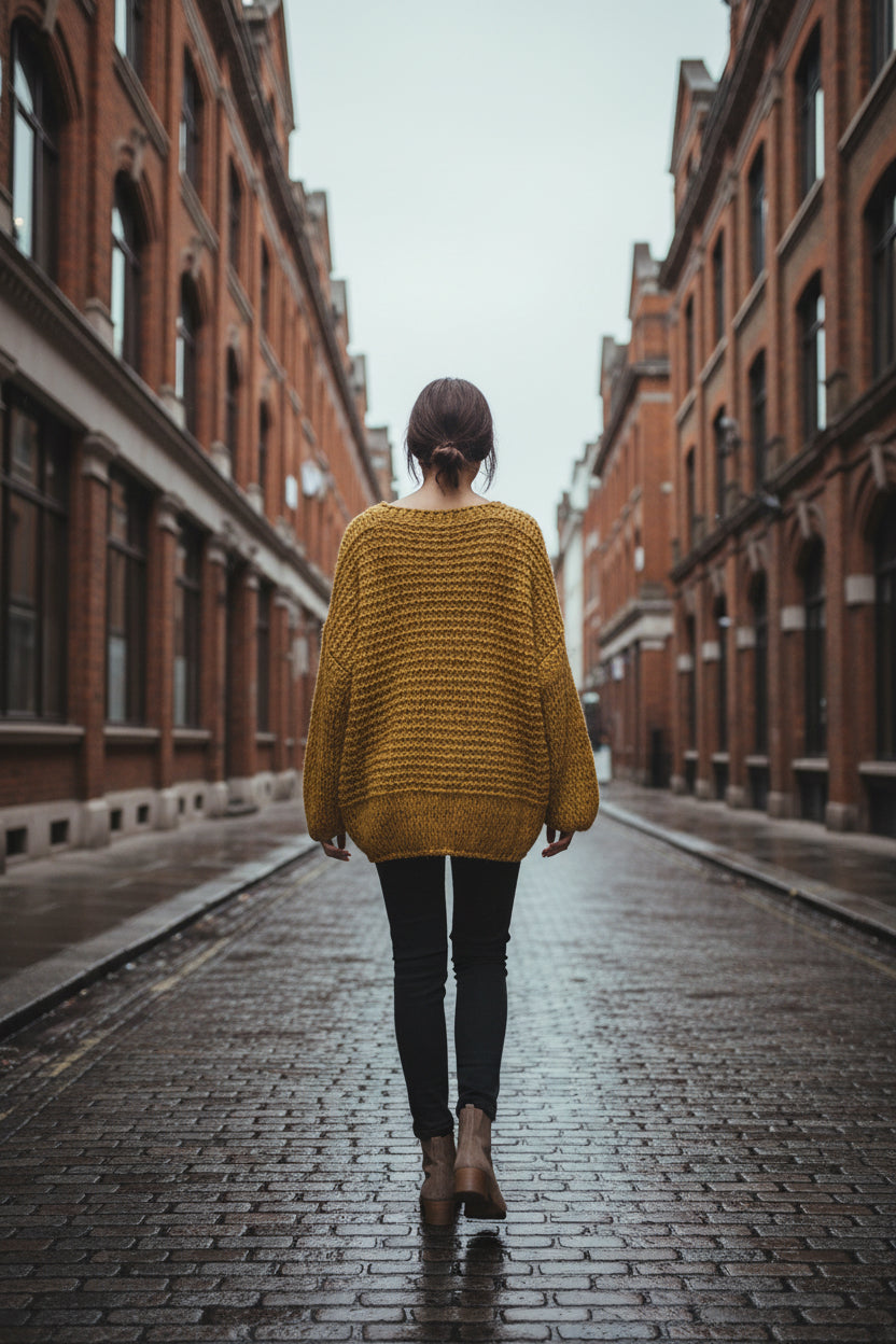 Woman wearing a light yellow chunky knit boxy crop sweater by Urban Fashion & Streetwear | Craftklart on a city street