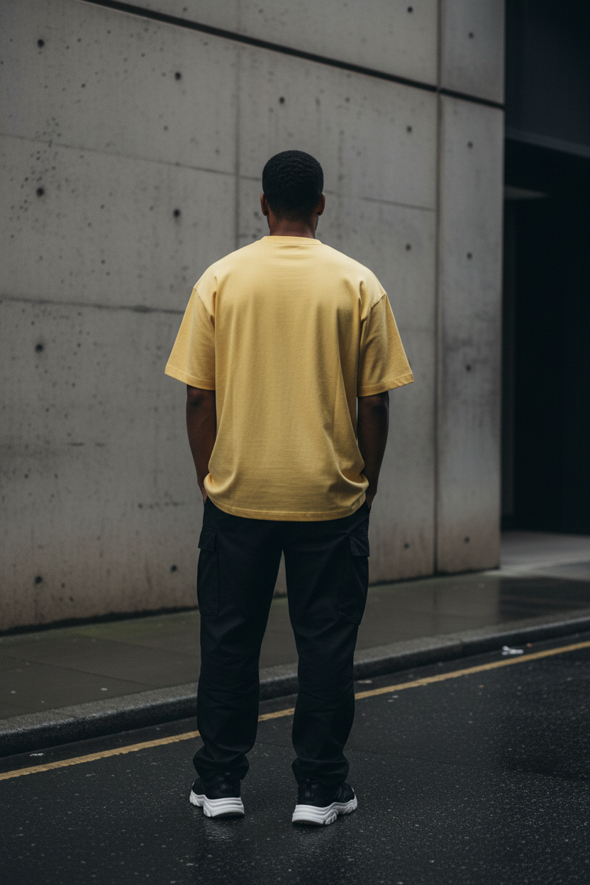 Back view of a yellow heavyweight 100% cotton drop shoulder t-shirt from Urban Fashion & Streetwear | Craftklart