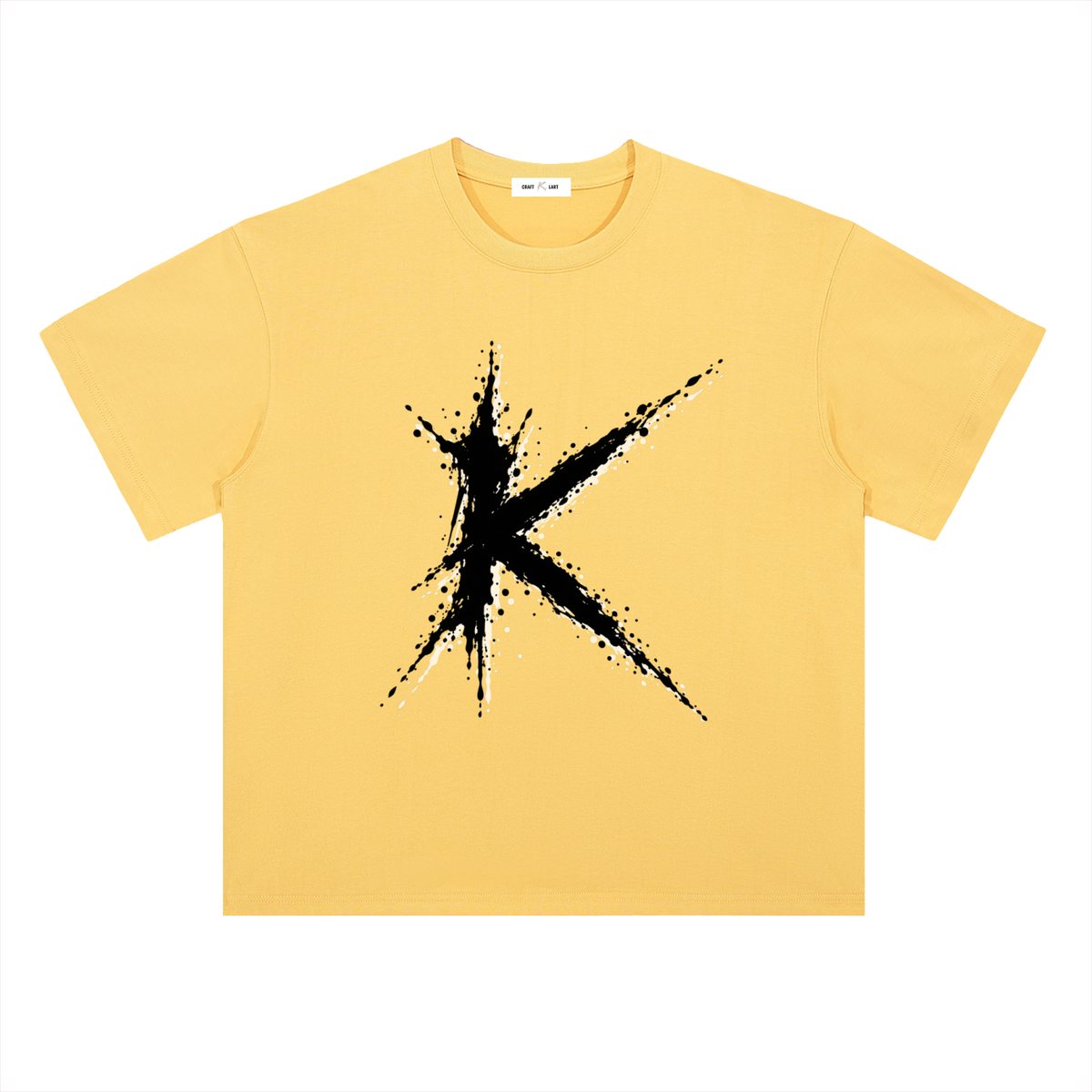 Urban Fashion & Streetwear | Craftklart yellow heavyweight cotton t-shirt with a black paint splatter K logo design.