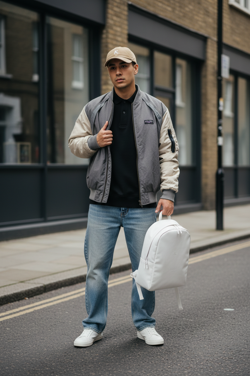 Urban man wearing full Craftklart streetwear outfit — polo sweatshirt, reversible jacket, wide-leg denim, structured cap and minimal backpack