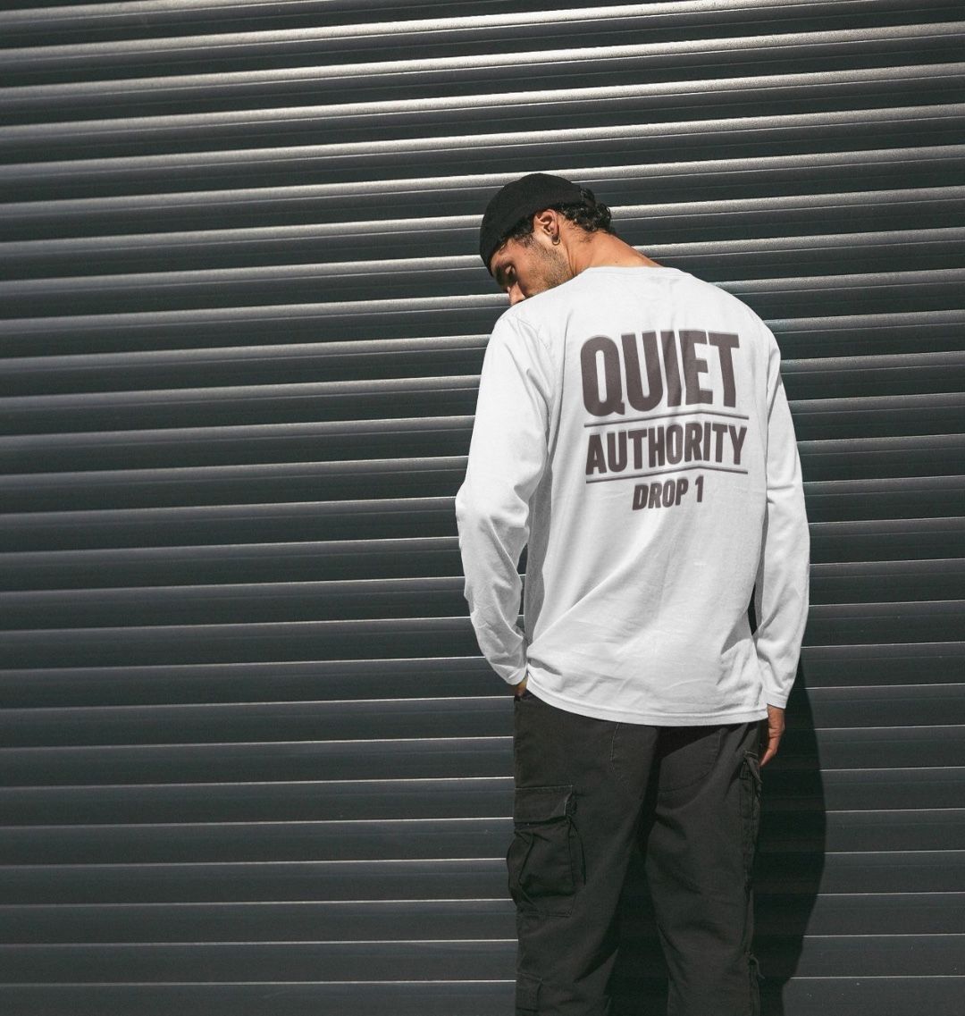 Craftklart Quiet Authority long sleeve T-shirt in organic cotton with printed streetwear design, by CKL.