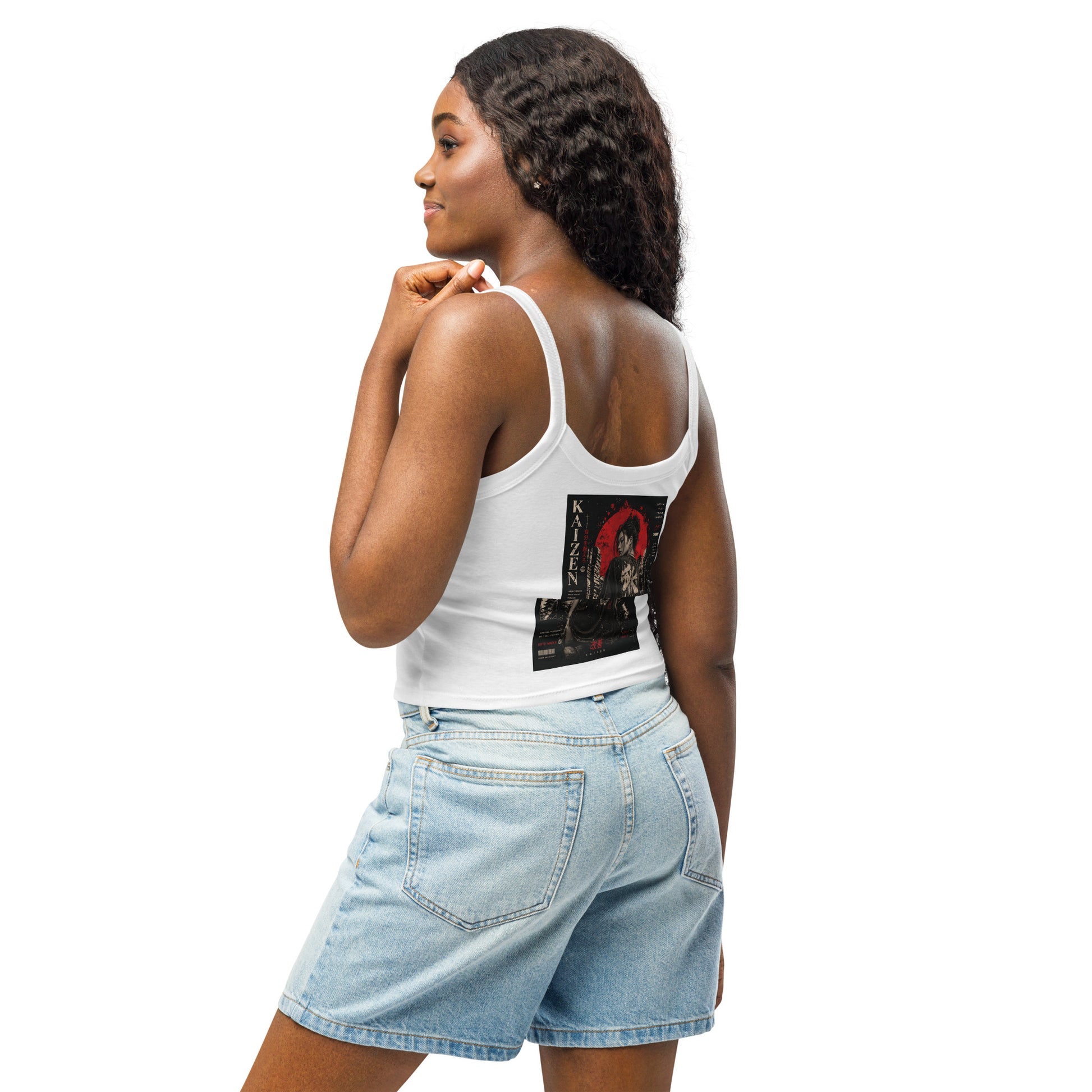 White women's Discipline Micro-rib Tank Top by Craftklart with fitted style and micro-rib texture, shown from left back angle.
