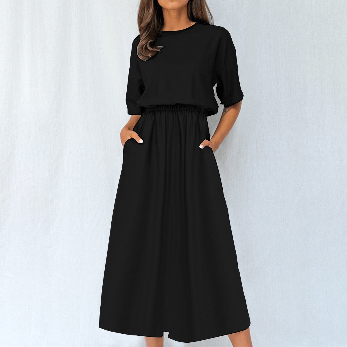 White urban casual women's elastic waist AOP dress by Yoycol, featuring a relaxed fit and stylish pattern.