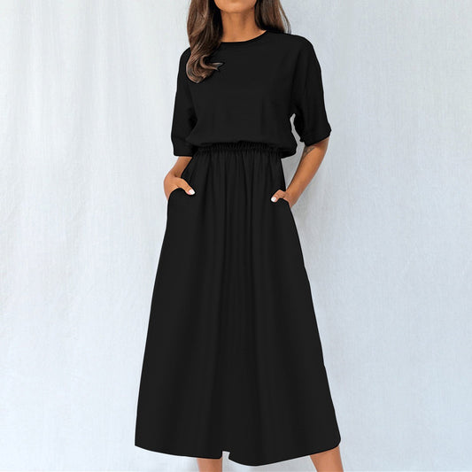 White urban casual women's elastic waist AOP dress by Yoycol, featuring a relaxed fit and stylish pattern.