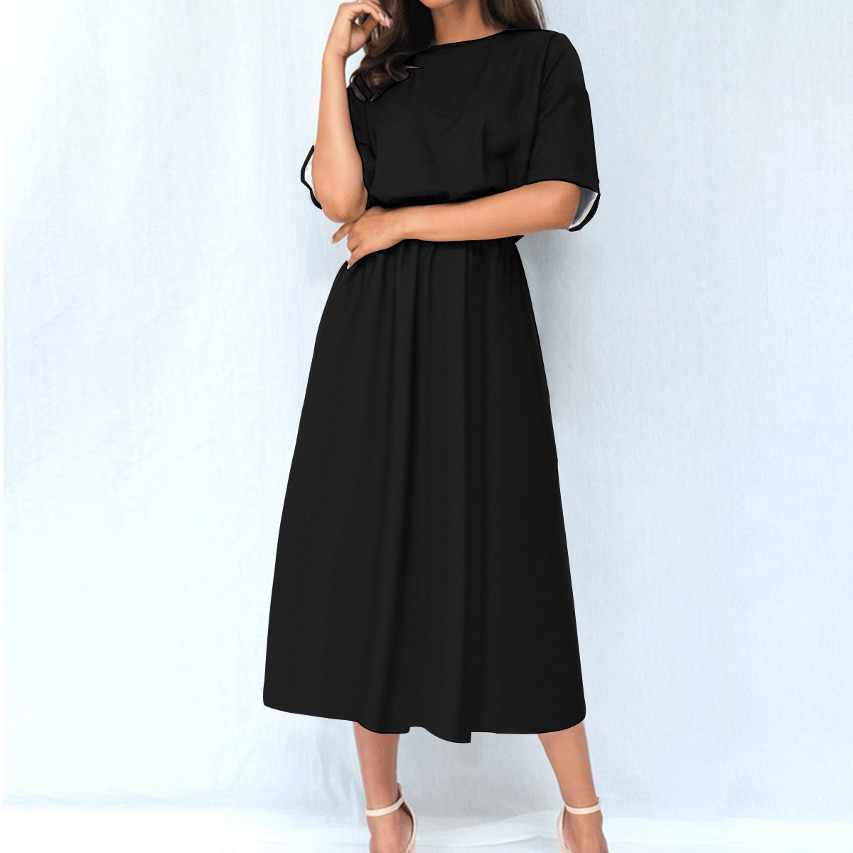 White urban casual women's elastic waist dress by Yoycol featuring an all-over print and relaxed fit.