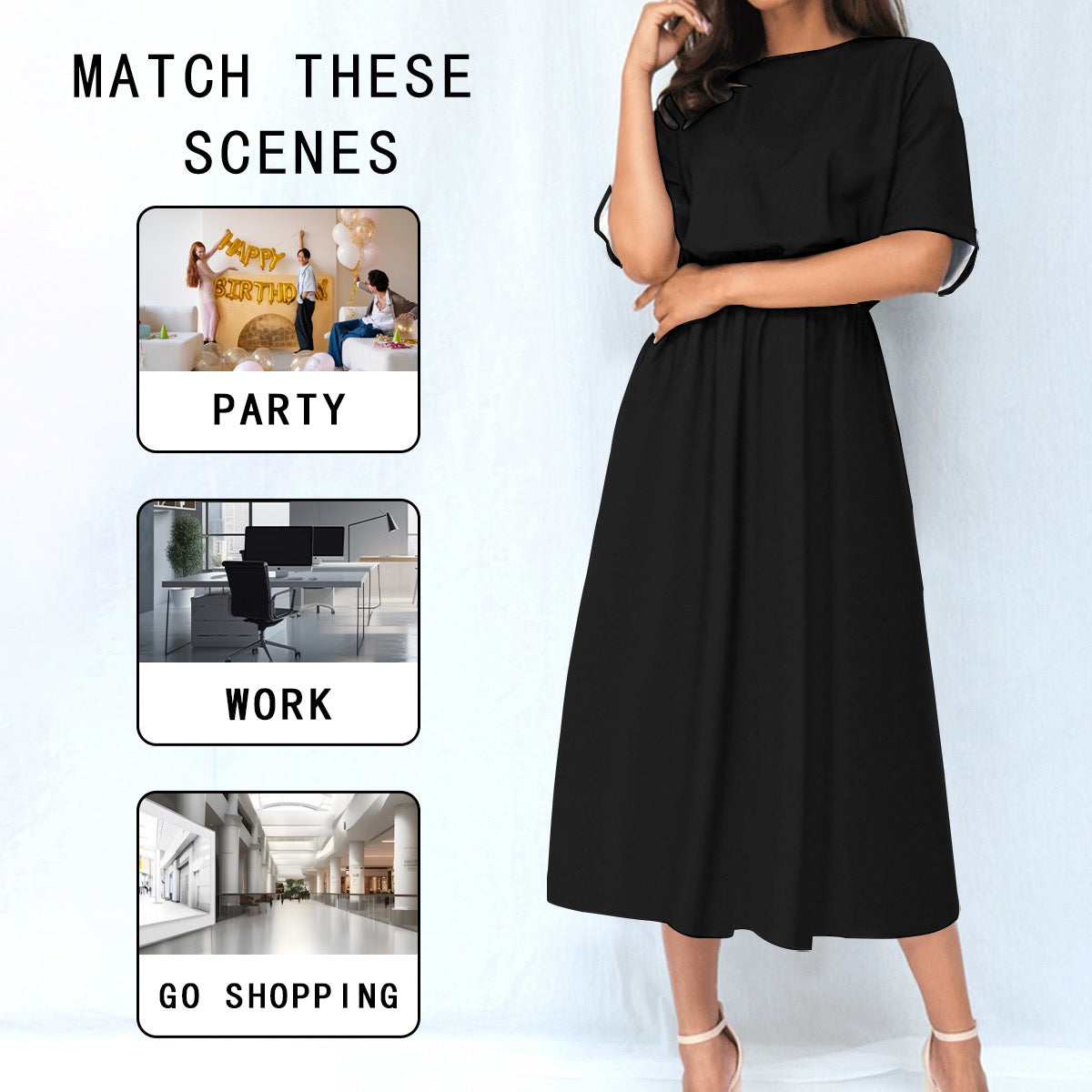 White urban casual women's elastic waist AOP dress by Yoycol, featuring a comfortable fit and stylish design.