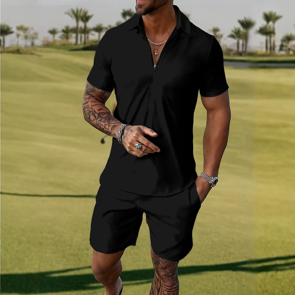 Black men's Yoycol Urban Operator Polo sportswear set, including polo shirt and matching shorts, casual athletic style.