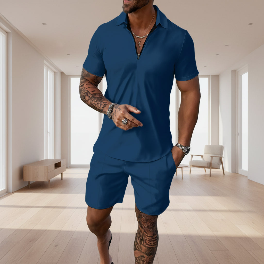 Urban Blue Men's Polo Sportswear Set by Yoycol, featuring a white and blue polo shirt and matching sportswear pants.