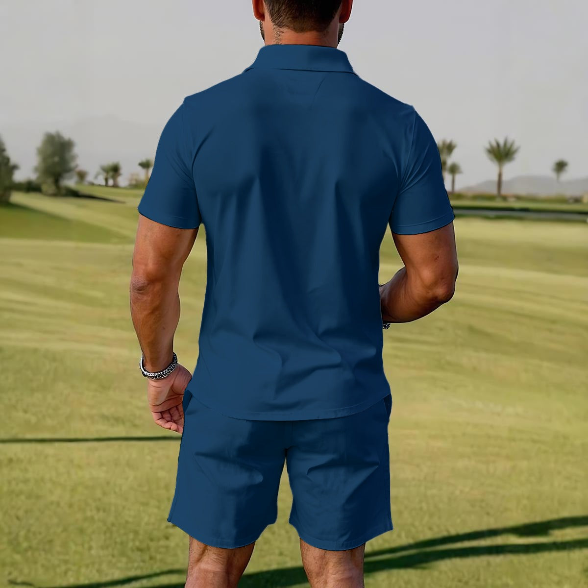 Urban Blue men's polo sportswear set by Yoycol featuring a white and blue polo shirt with matching shorts.
