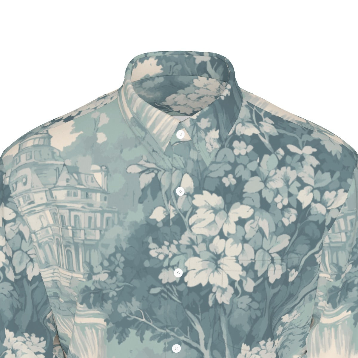 White all-over print men's long sleeve shirt by Yoycol, slim fit, made of 115GSM cotton poplin, featuring detailed fabric pattern.