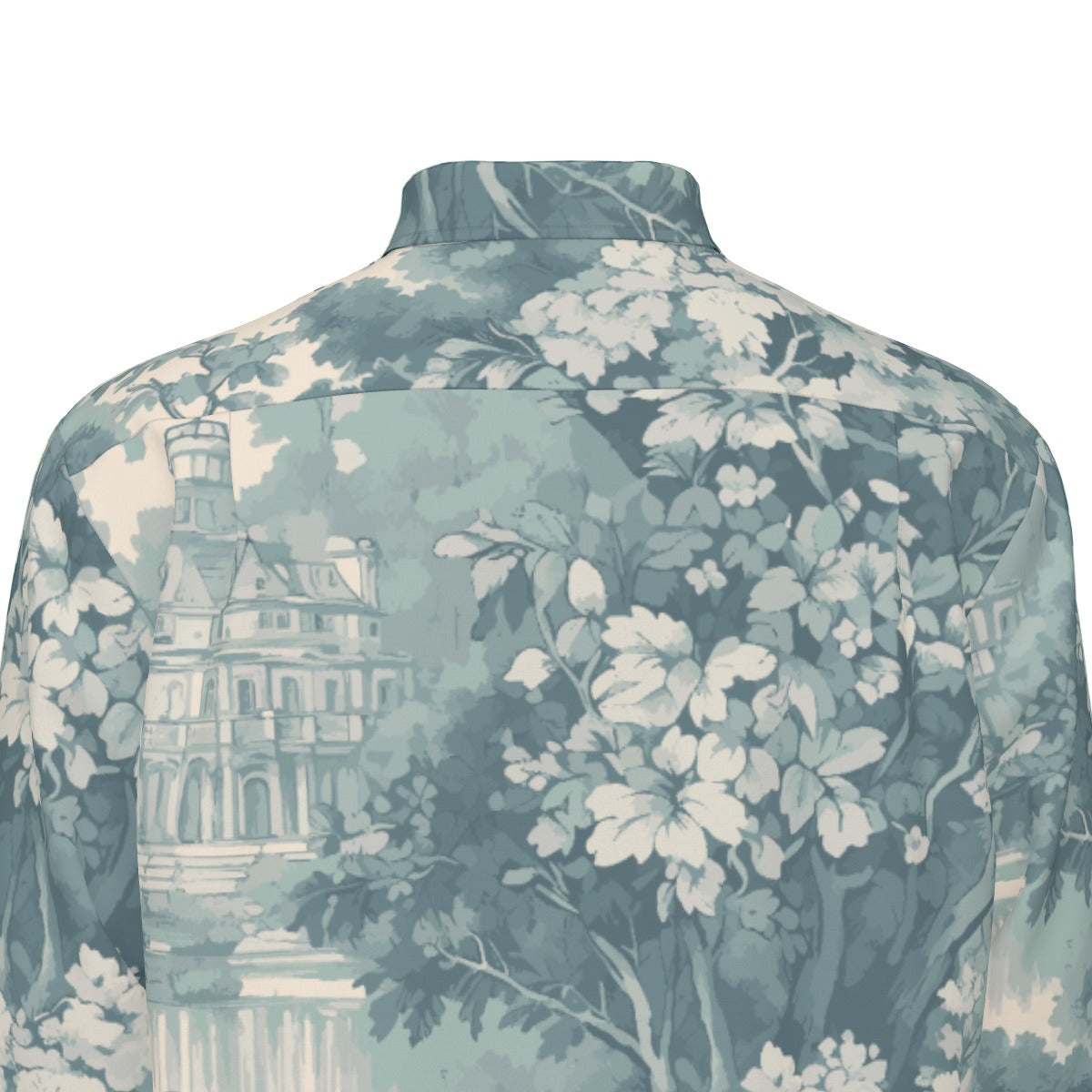 White all-over print men's long sleeve shirt by Yoycol, slim fit, made from 115GSM cotton poplin, showcasing detailed design and fabric texture.