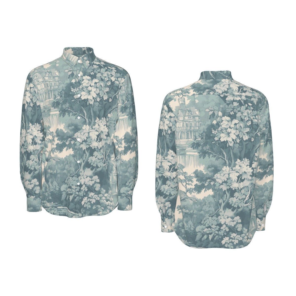 White all-over print men's long sleeve shirt by Yoycol, slim fit, made of 115GSM cotton poplin, stylish and comfortable.