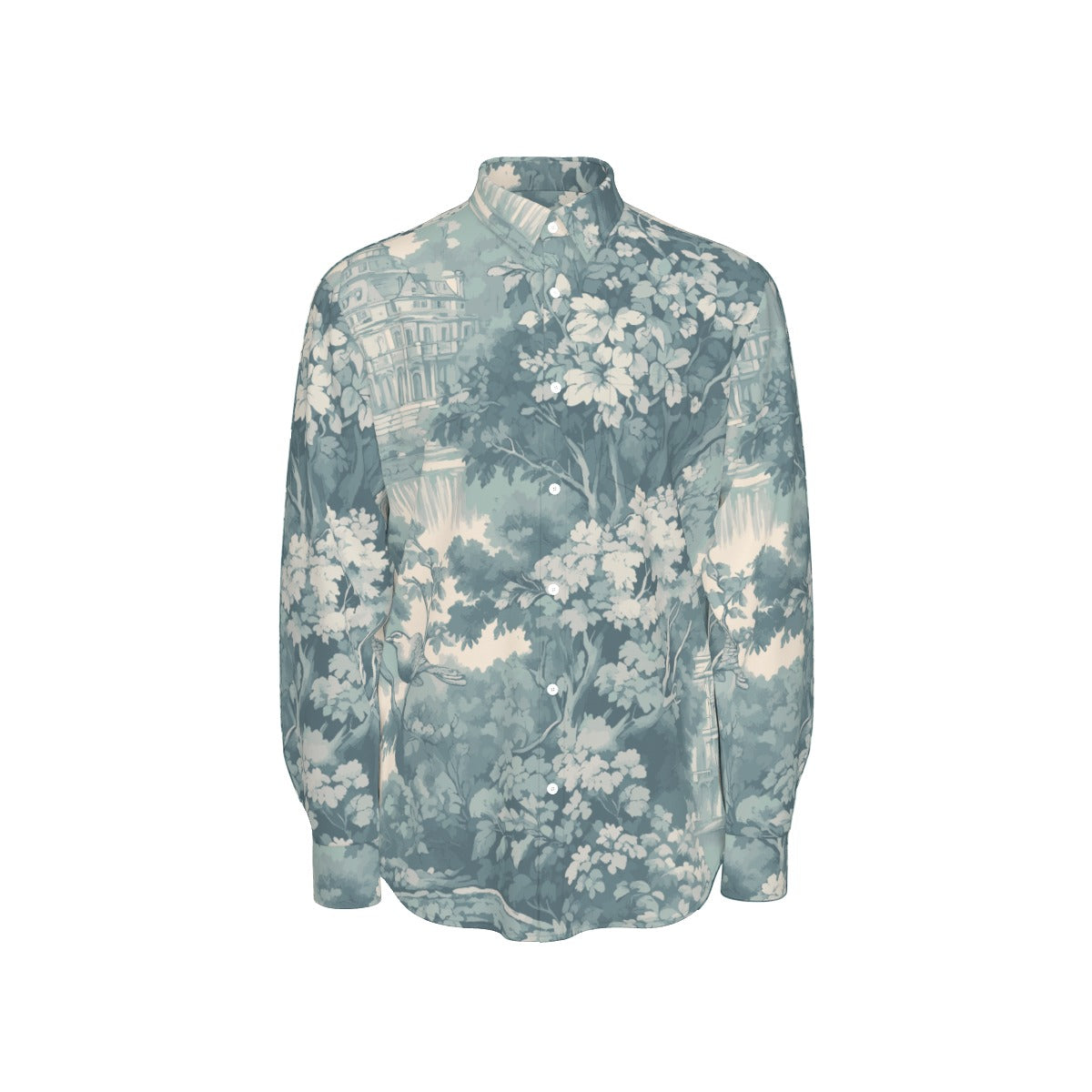 White all-over print men's long sleeve shirt by Yoycol, slim fit, 115GSM cotton poplin fabric, detailed design visible.