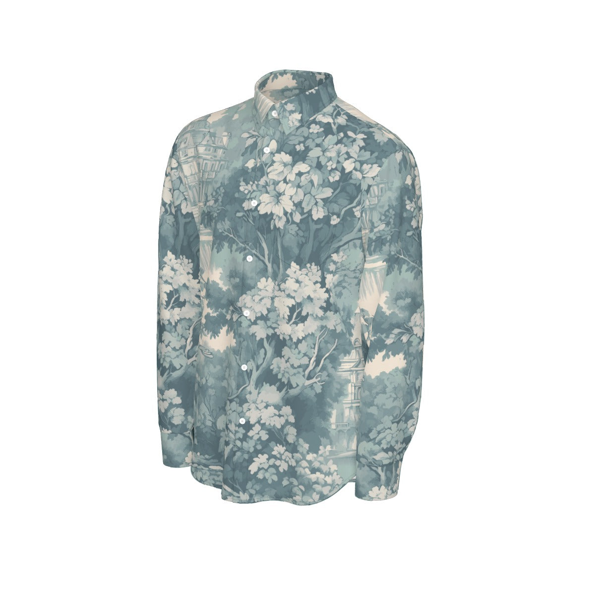 Slim fit men's long sleeve shirt by Yoycol with all-over print, made of 115GSM cotton poplin fabric, white background.
