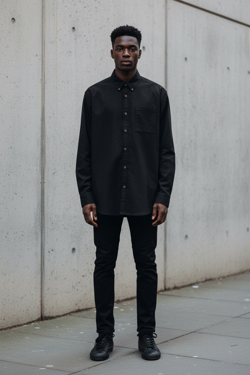 White Urban Zombie men's casual lapel long sleeve shirt made of 125GSM cotton, featuring a classic collar and relaxed fit.