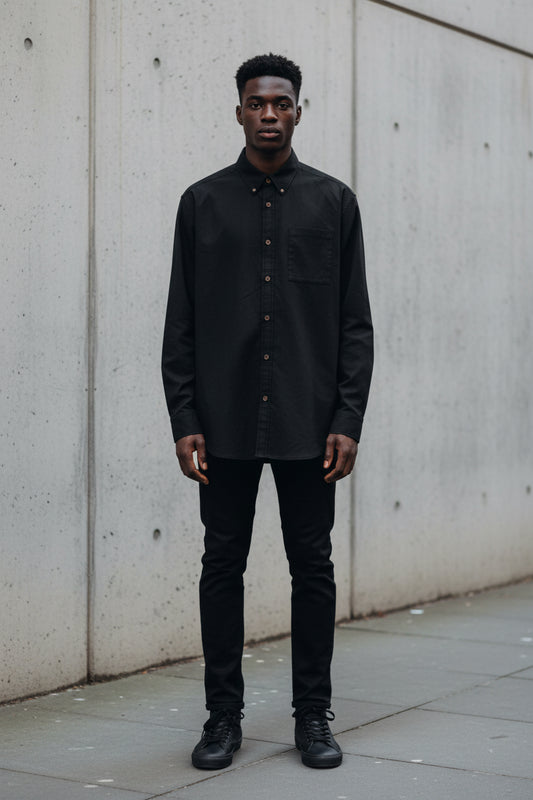 White Urban Zombie men's casual lapel long sleeve shirt made of 125GSM cotton, featuring a classic collar and relaxed fit.